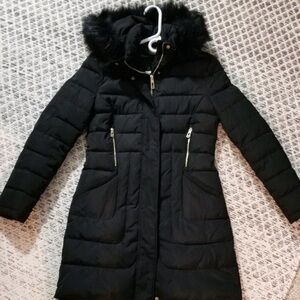 Long Black Puffer Coat with Gold Accents Fur Trim Hood XL